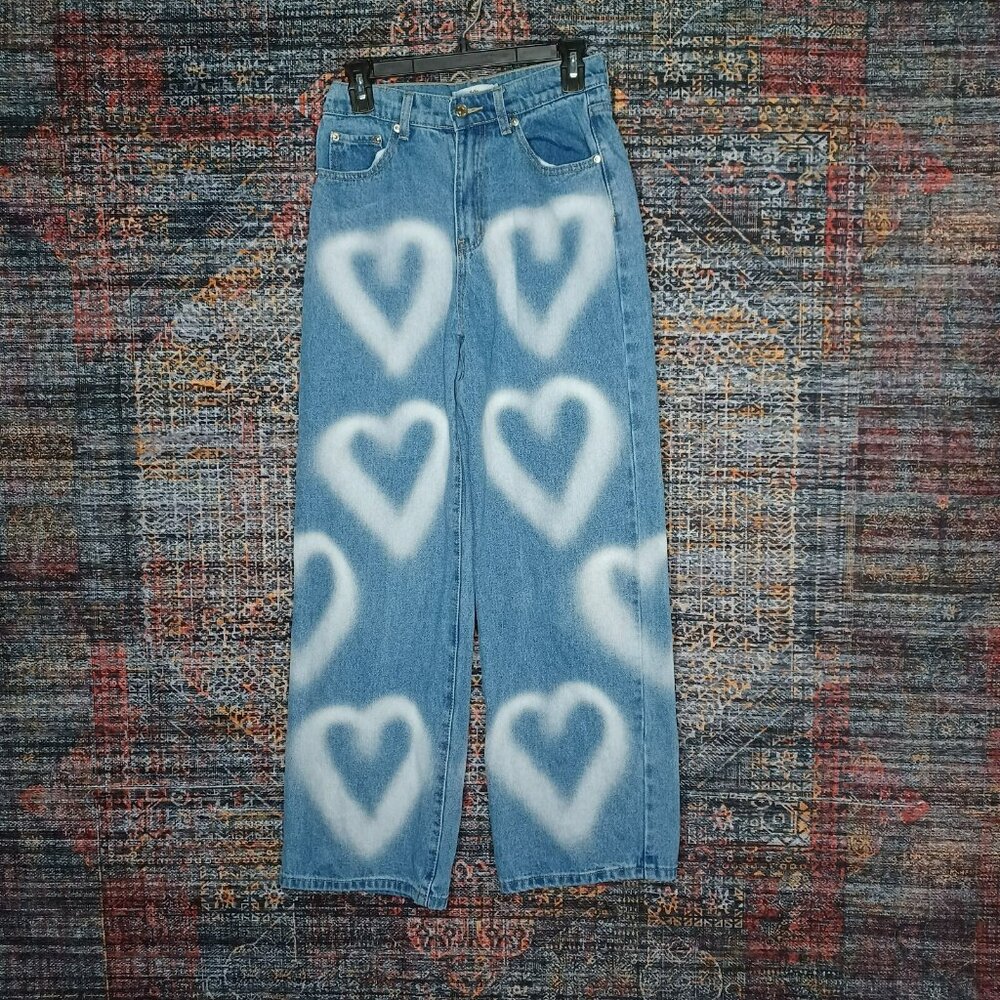 Adika womens medium distressed HEARTS AOP highrise boot jeans Sx30 EUC - Picture 1 of 9